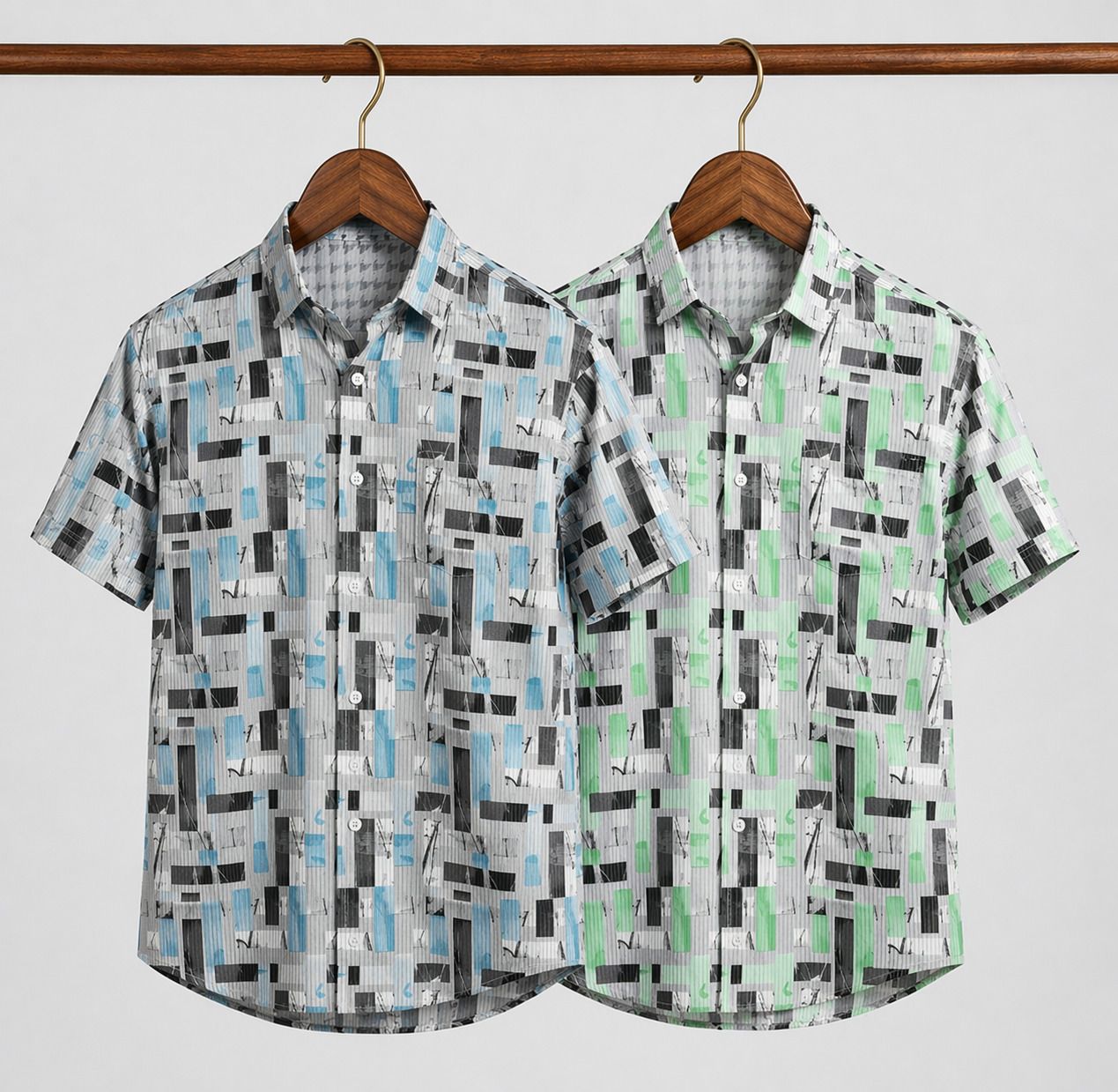 HENSHIKA Men Printed Casual Shirt Combo - Blue & Green (Line Print) - Front View