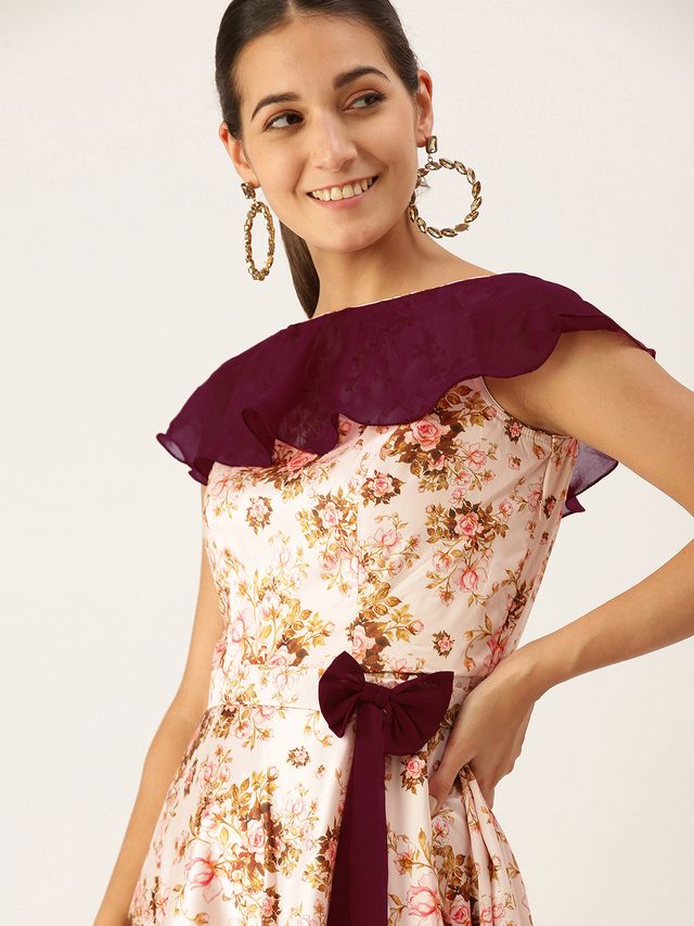 Bollywood Vogue Ready To Wear Pink Taffeta Digital Printed N Burgundy Dress