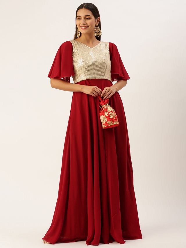 Bollywood Vogue Ready To Wear Maroon N Silver Sequins Embroidered Georgette Gown