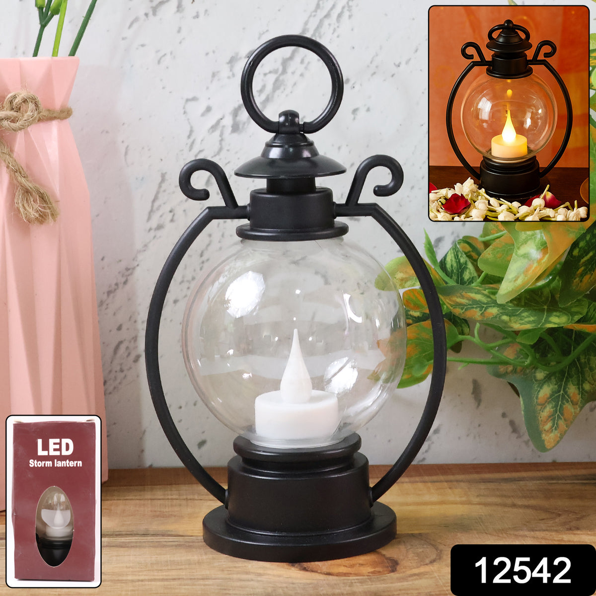 LED Storm Lantern Decorative Light – Vintage Style Round Globe LED Candle Lamp with Warm Flickering Flame Effect for Home Decor(1 Pc)