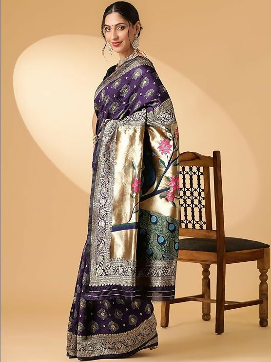 AXONIT Jacquard Silk Saree with Golden Zari Peacock Design, Festive Wear