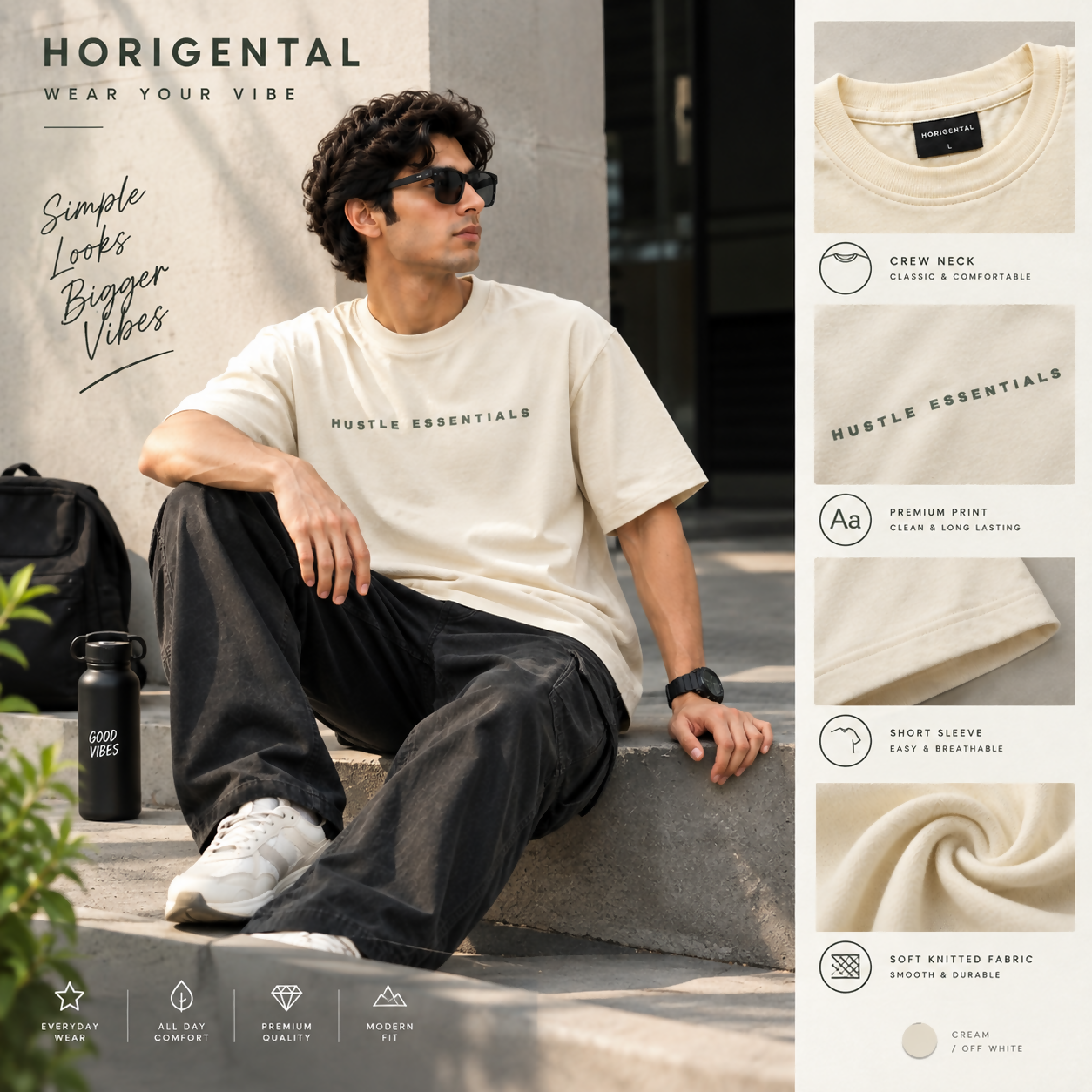 Men’s Oversized Hustle Essentials Printed T-Shirt – Cream