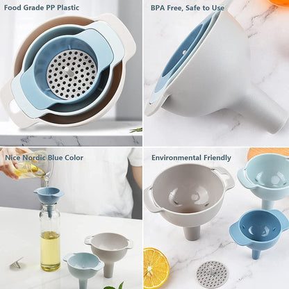 3 In 1 Kitchen Funnel Set Of 3 Funnel For Filling Bottle Small Canning Funnel With Handle Food Grade Plastic Funnel With Detachable Strainer Filter For Liquid Dry Ingredients And Powder