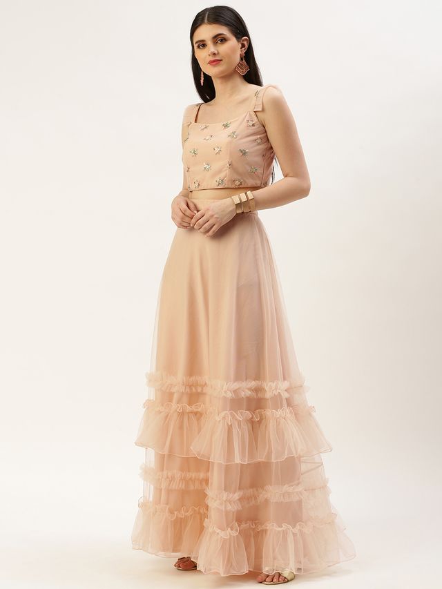 Bollywood Vogue Ready To Wear Light Peach Net Sequins Embroidered Lehenga