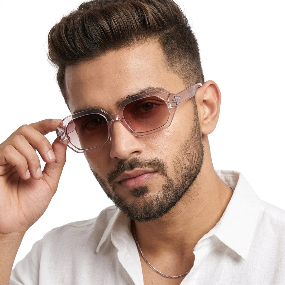 Eyejack Light Pink Square Sunglasses for Men and Women - worn by a male model (image 3)