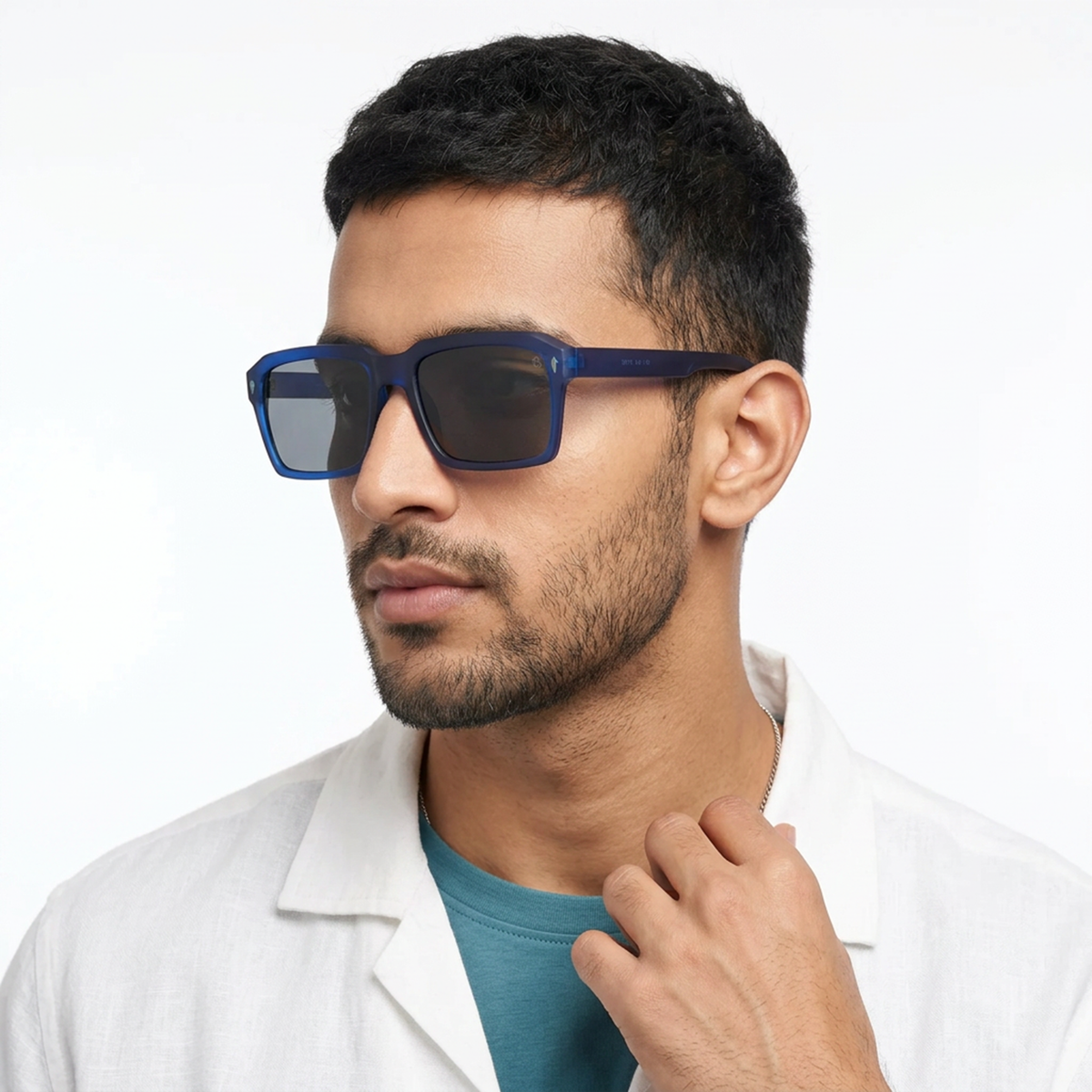 Eyejack Blue Wayfarer Sunglasses for Men and Women - Style 1042 - worn by a male model (image 1)