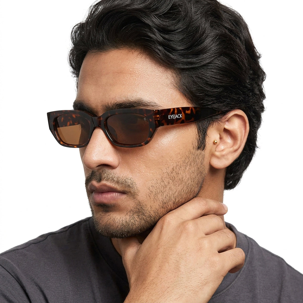Eyejack Demi Brown Rectangle Sunglasses for Men and Women - Style L988 - worn by a male model (image 1)