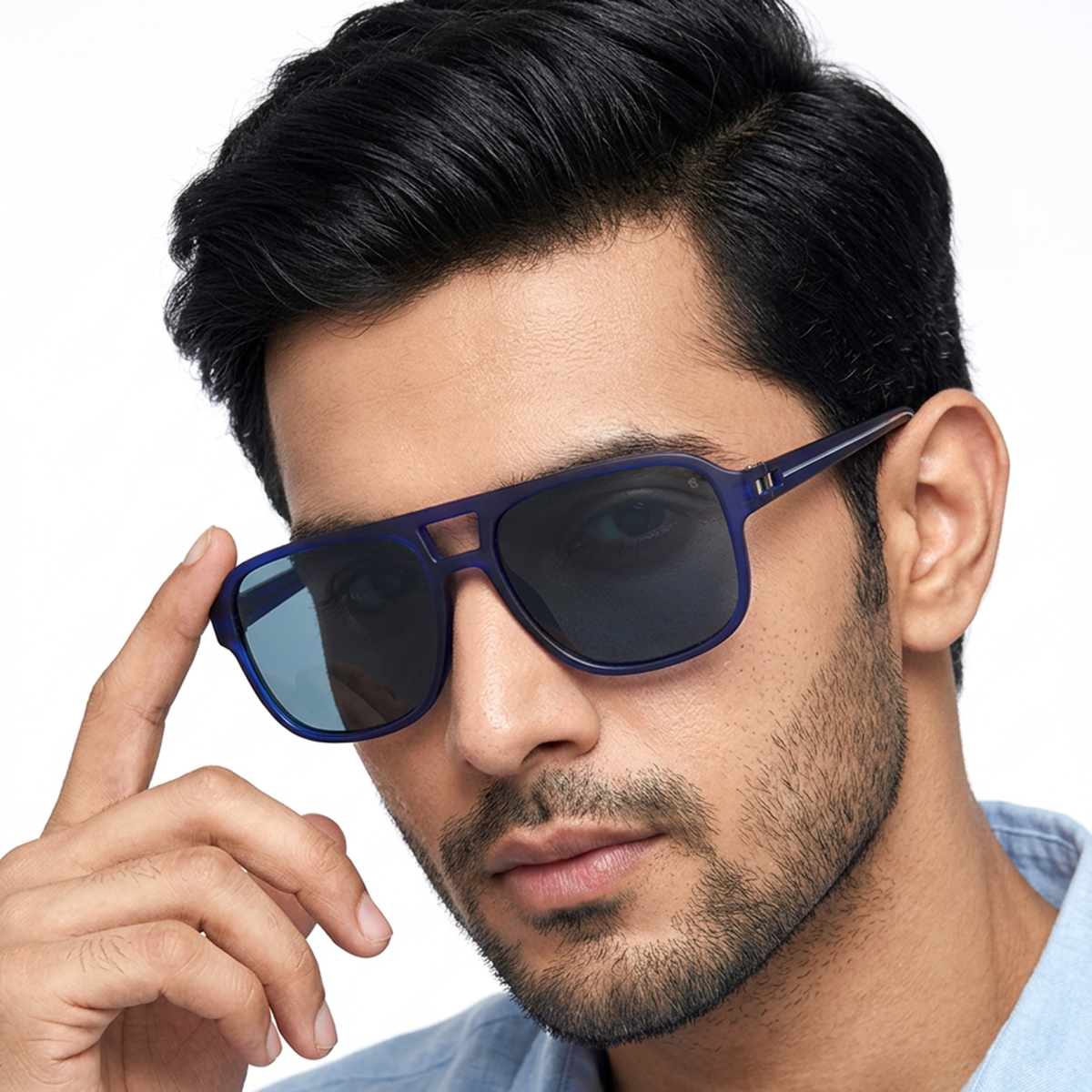 Eyejack Blue Wayfarer Sunglasses for Men and Women - Style 1078 - worn by a male model (image 1)