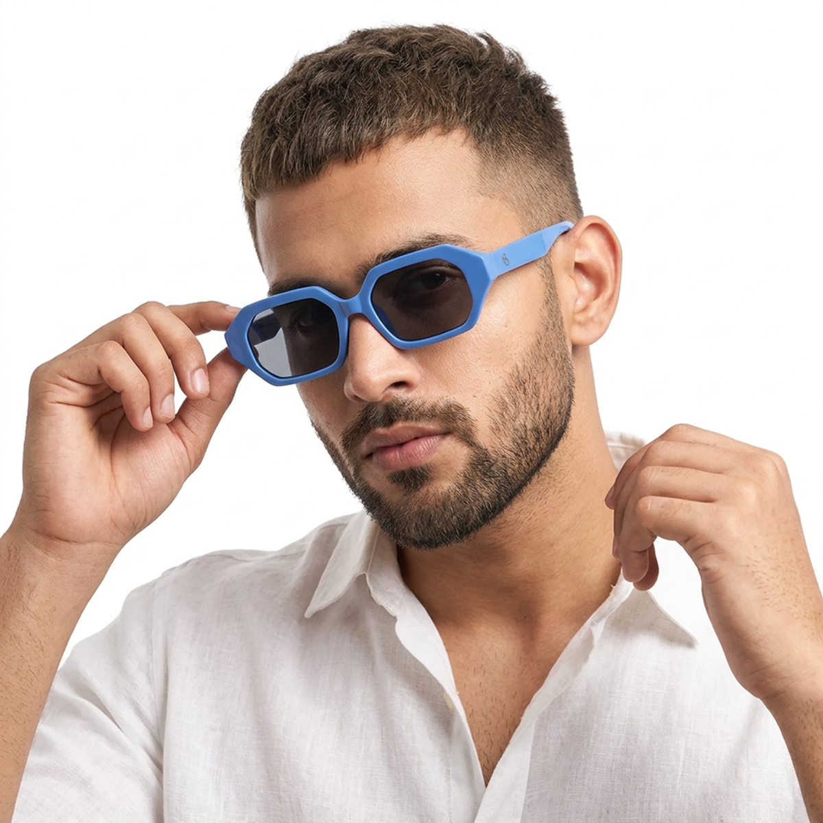 Eyejack Blue Square Sunglasses for Men and Women - Style 1256 - worn by a male model (image 1)