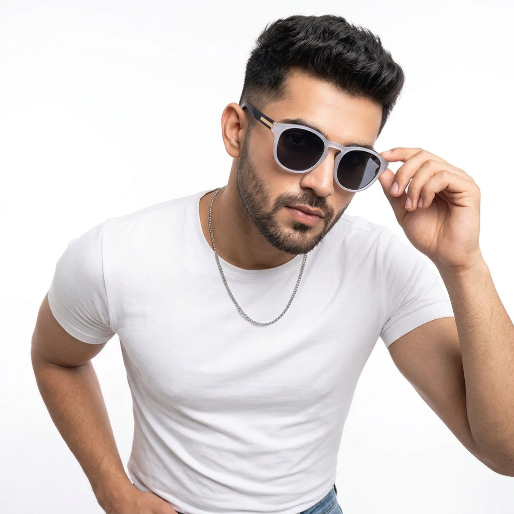 Eyejack Grey Round Sunglasses for Men and Women - worn by a male model (image 1)