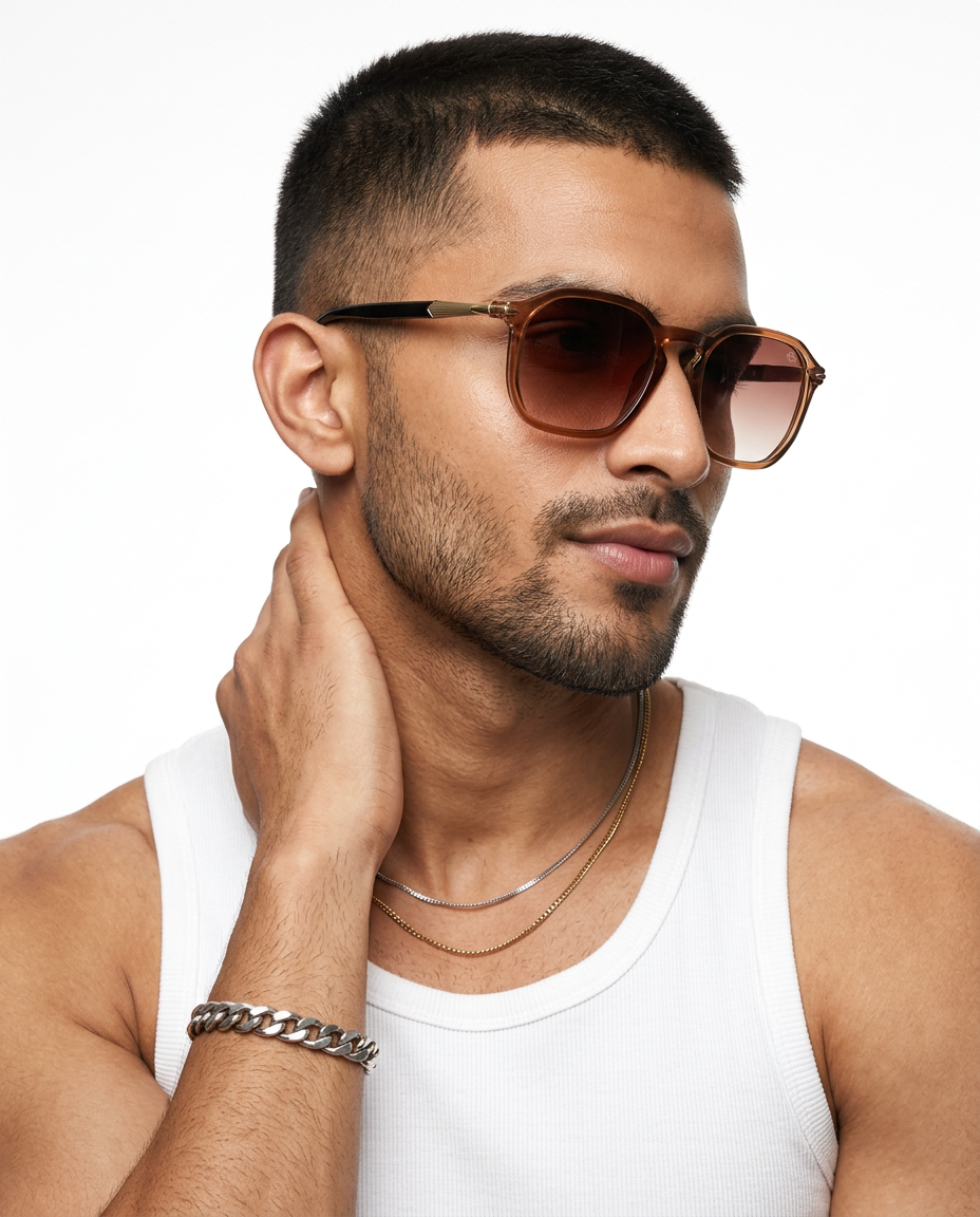 Eyejack Transparent Brown Square Sunglasses for Men and Women - worn by a male model (image 1)