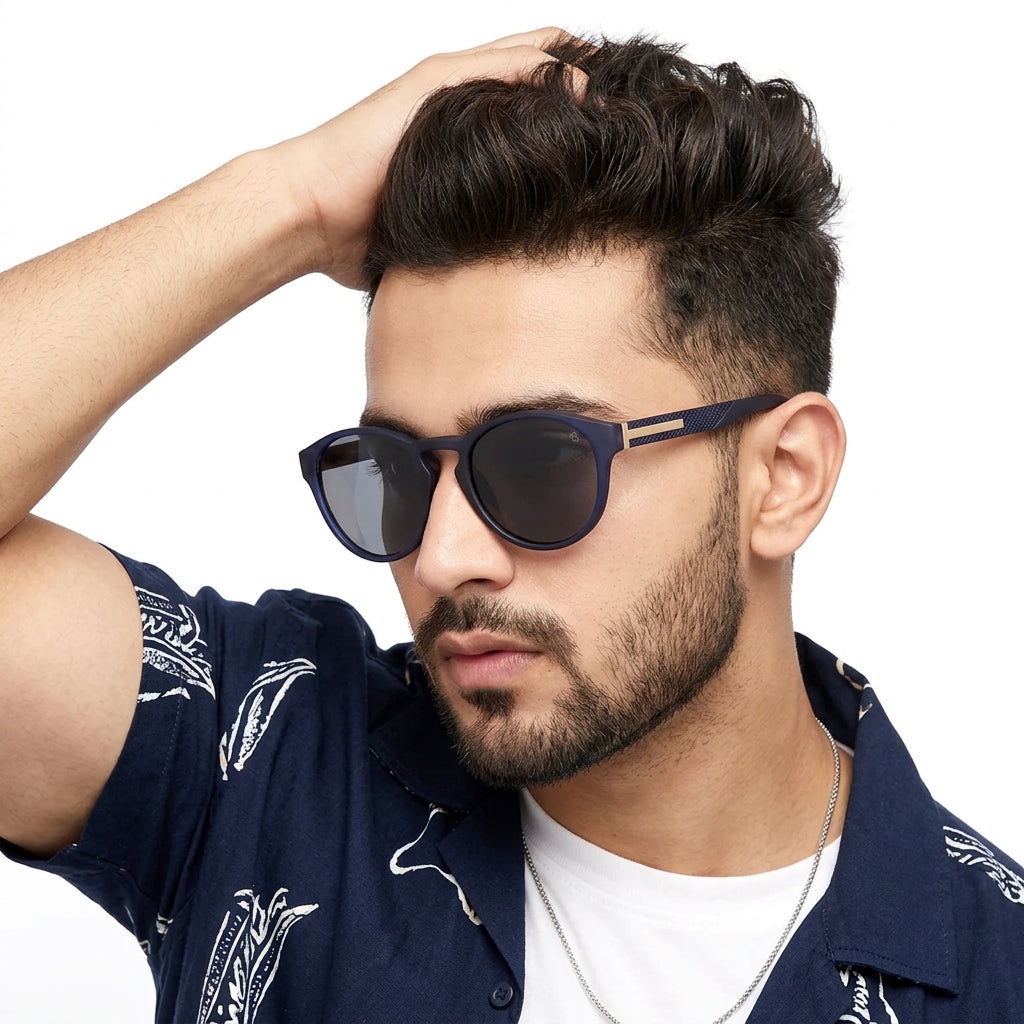 Eyejack Blue Round Sunglasses for Men and Women - Style 1048 - worn by a male model (image 1)