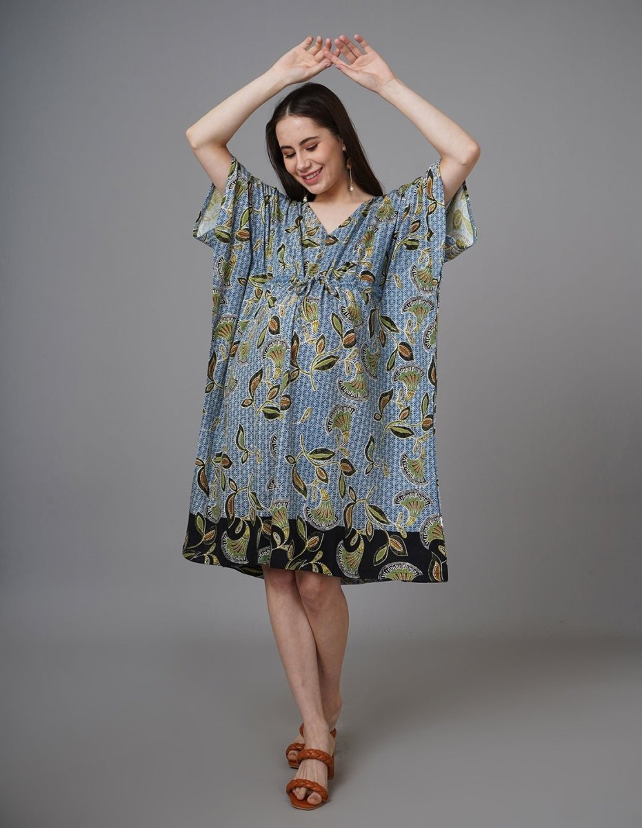 Mandala Blue Maternity and Nursing Kaftan Midi Dress - NW-BLMNT-S