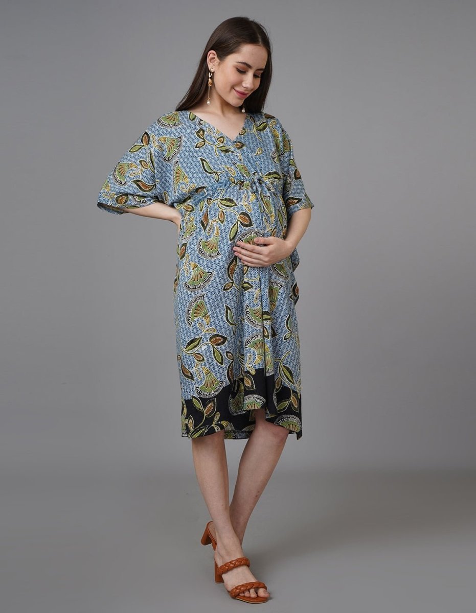 Mandala Blue Maternity and Nursing Kaftan Midi Dress - NW-BLMNT-S