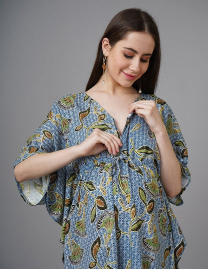 Mandala Blue Maternity and Nursing Kaftan Midi Dress - NW-BLMNT-S