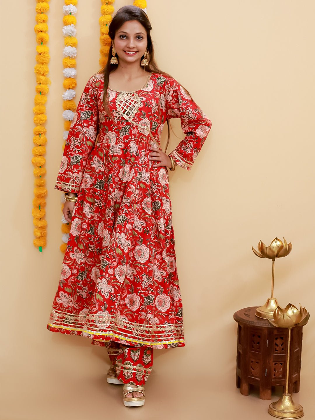 Maroon Block Print Anarkali Kurta Set - WES - SC - MRBLO - S