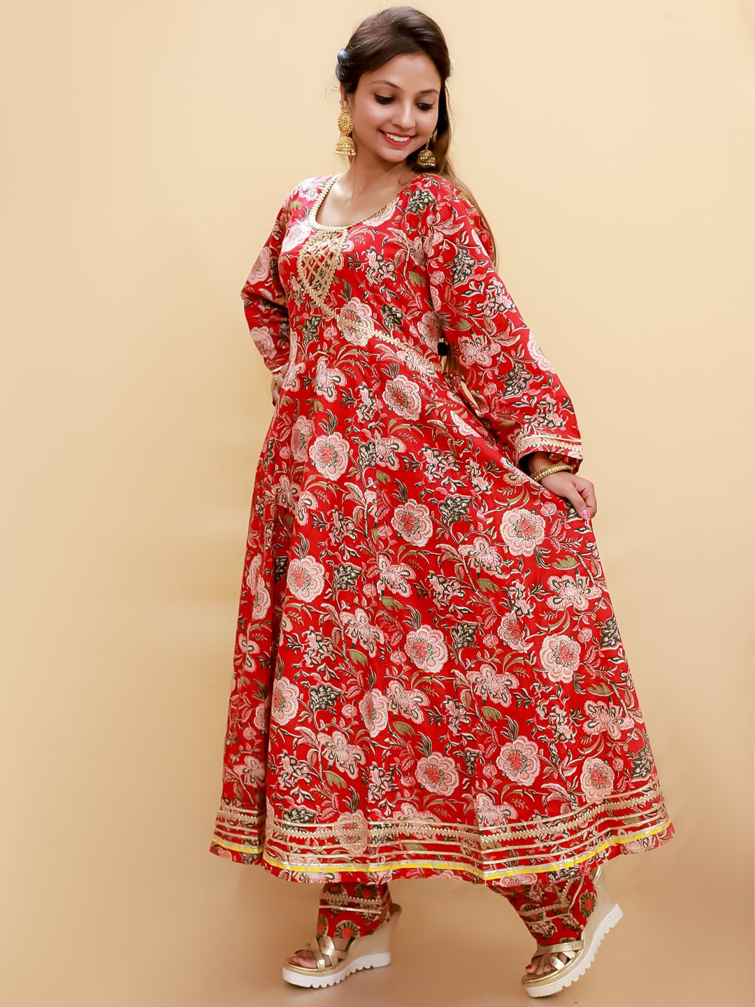 Maroon Block Print Anarkali Kurta Set - WES - SC - MRBLO - S