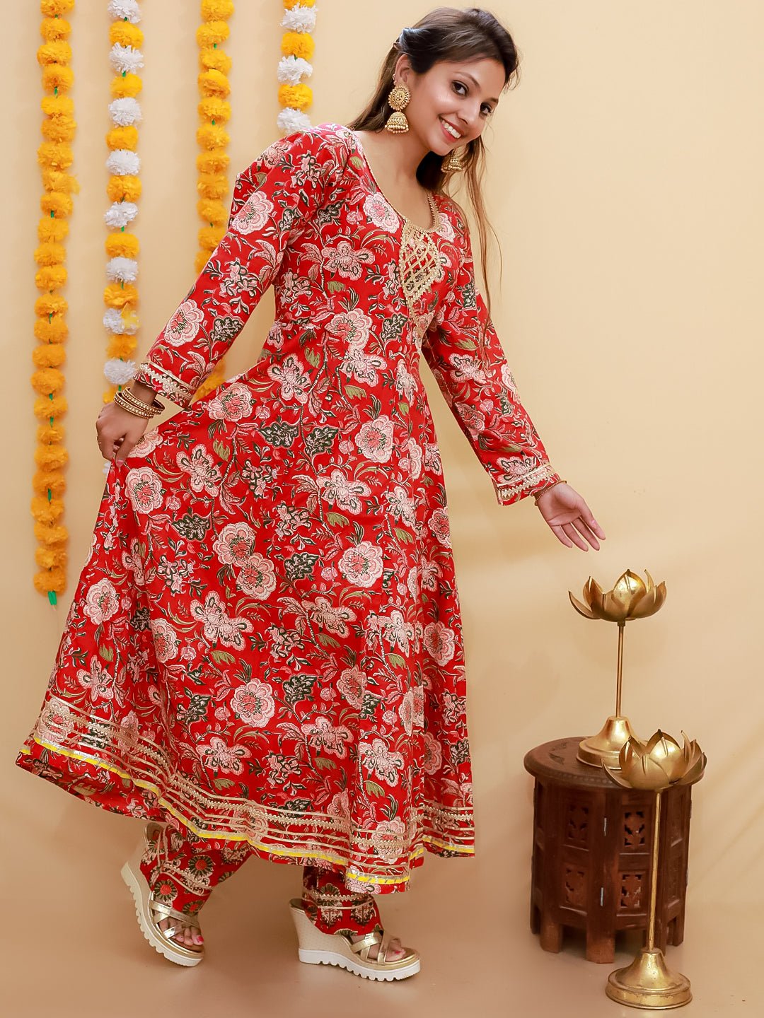 Maroon Block Print Anarkali Kurta Set - WES - SC - MRBLO - S
