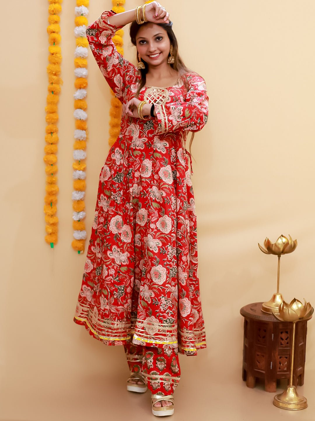 Maroon Block Print Anarkali Kurta Set - WES - SC - MRBLO - S