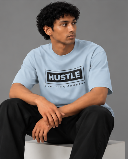 HUSTLE Men's Crew Neck Oversized T-Shirt – Sky Blue(Oversized fit)