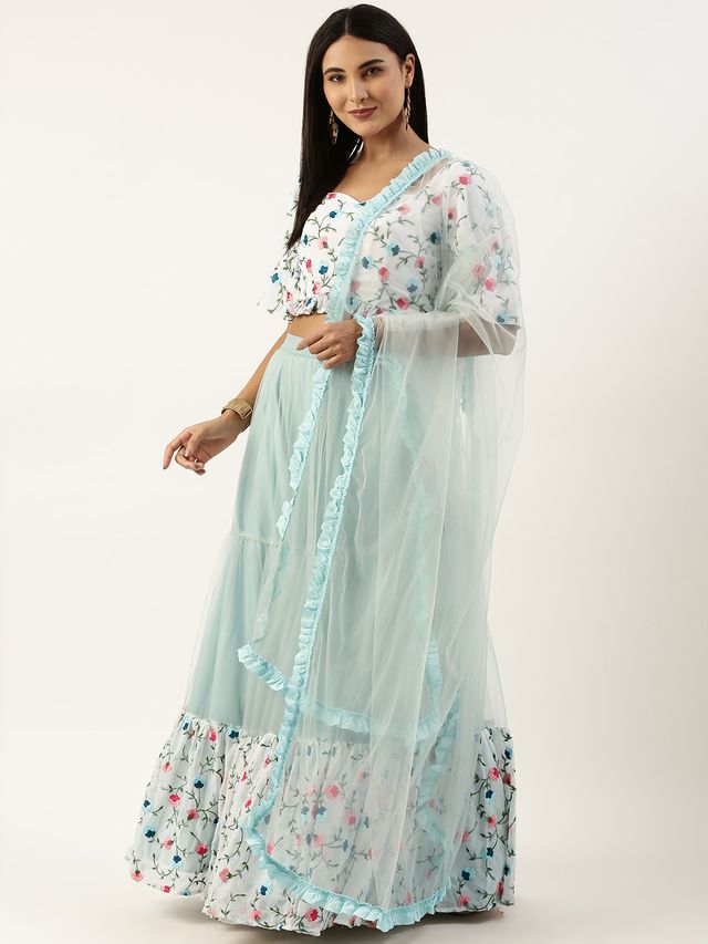 Bollywood Vogue Ready To Wear White Georgette Embroidered N Mint Green Lehenga
