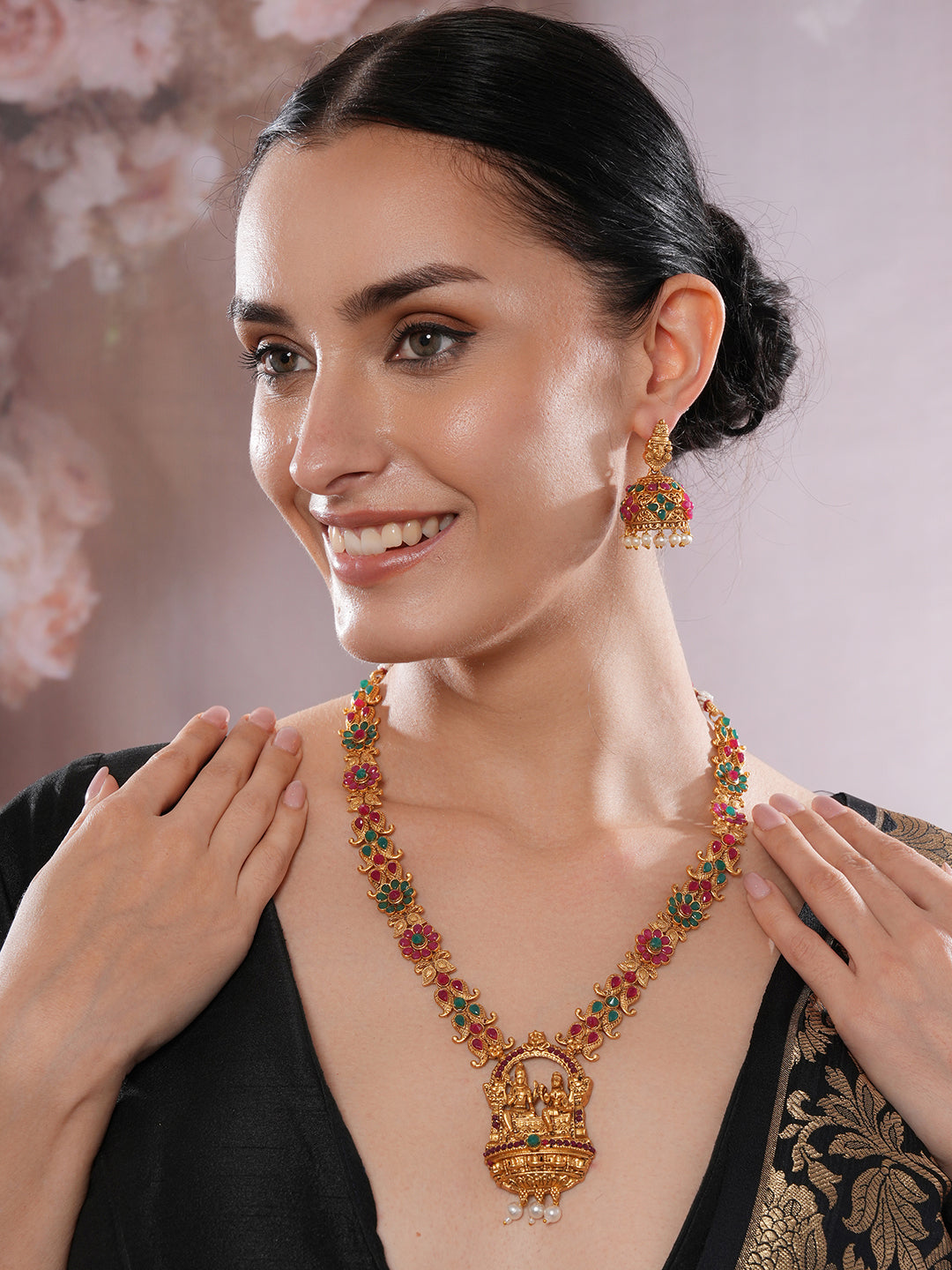 Jazz And Sizzle Gold-Plated Ruby & Emerald Stone-Studded Goddess Motif Temple Jewelry Set with Pearl & Gold Beads