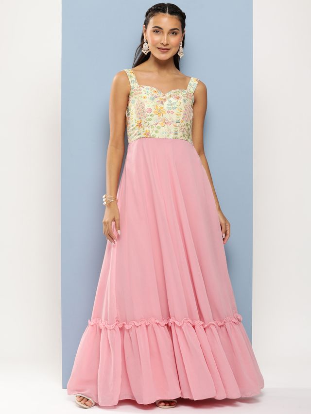 Bollywood Vogue Ready To Wear Off White N Pink Georgette Gown