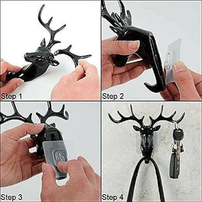 Plastic Portable Self Adhesive Wall Deer Head Door Hanging Hook (Black) - HalfPe