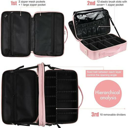 Professional Cosmetic Makeup Storage Organizer Bag with Adjustable Compartment (Rose Gold, Large (40L x 29B x 14H cm))