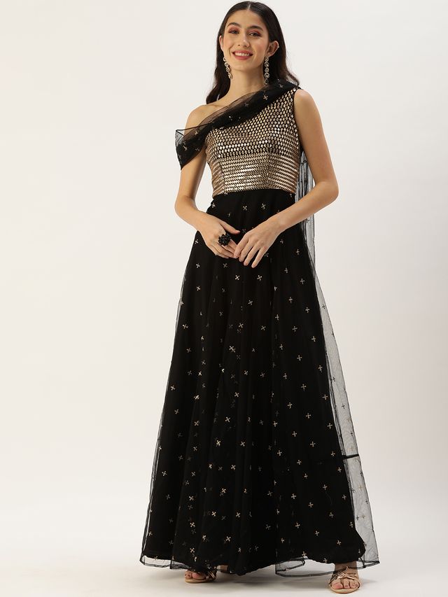 Bollywood Vogue Ready To Wear Black Net Embroidered One Shoulder Gown