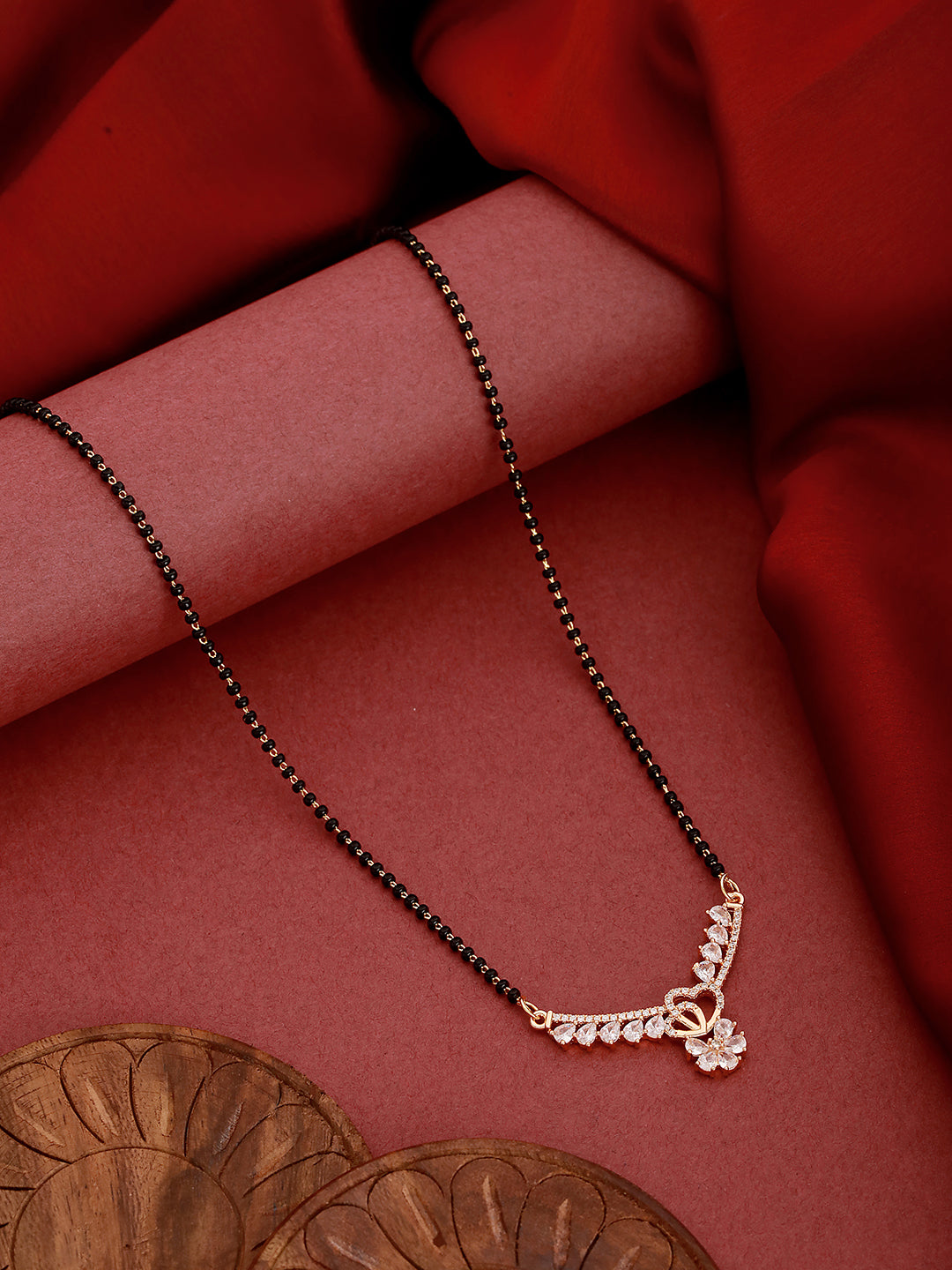 Gold-Plated Black Beaded & White Ad Stone-Studded Mangalsutra