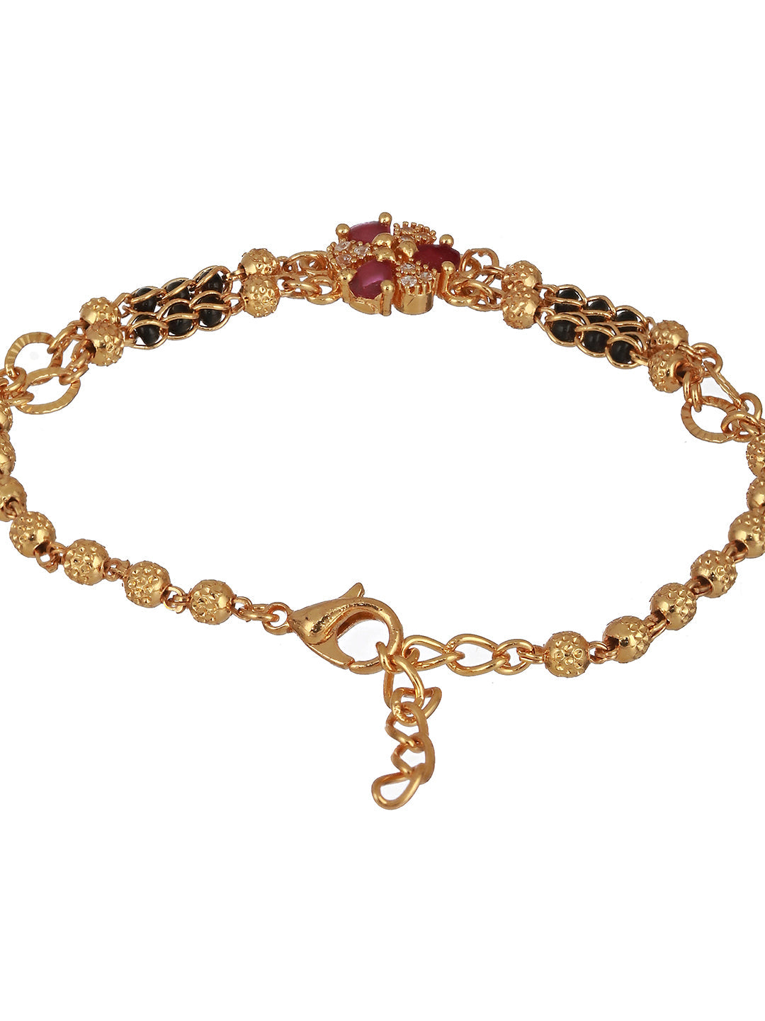 Gold-Plated Red & White Ad Studded & Black Beaded Floral Hand Mangalsutra
