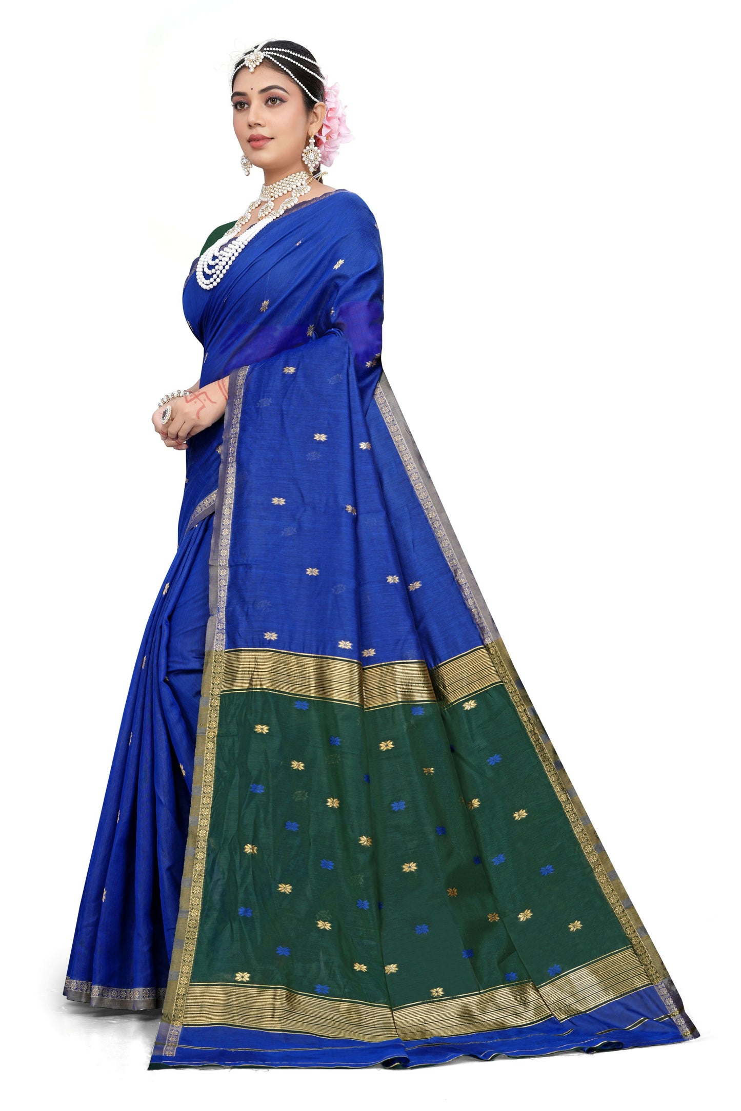 AXONIT Traditional Cotton Saree with Golden Zari Border – Festive & Pooja Wear