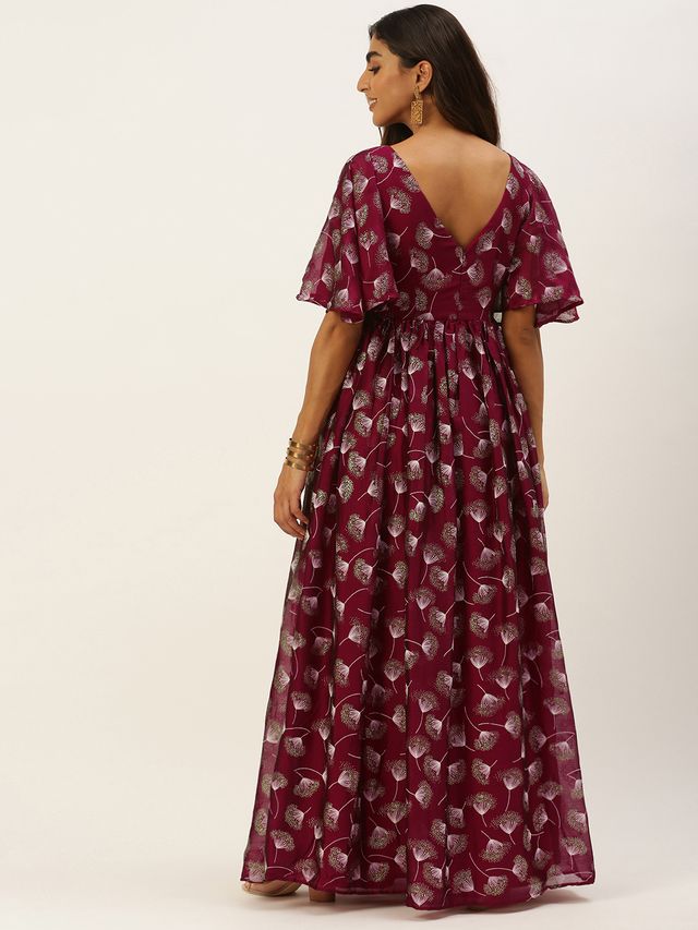 Bollywood Vogue Ready To Wear Maroon Satin Blend Foil Printed Slit Maxi Dress