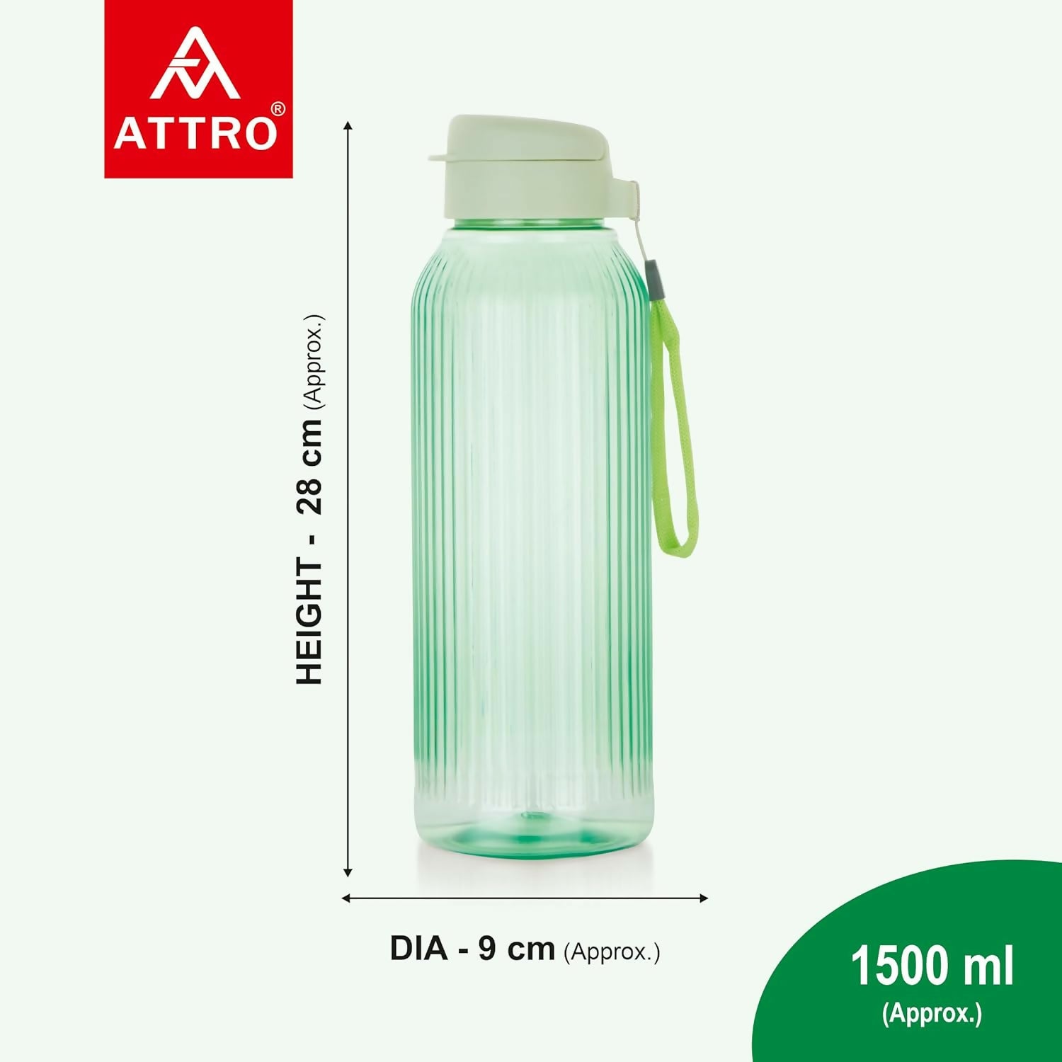 Olive Ware 1.5 L Water Bottle BPA Free Plastic with Leak Proof Flip Lid and Easy Carry Strap for Everyday Use