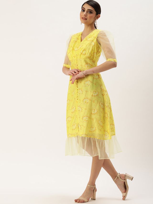 Bollywood Vogue Ready To Wear Yellow Foil Printed A Line Dress