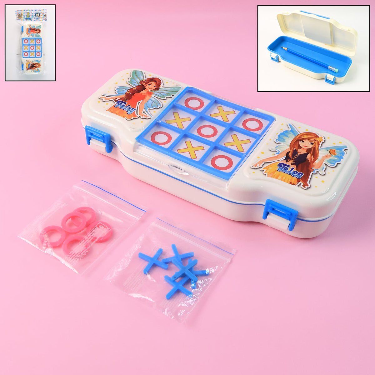 Kids Pencil Box with Built-in Tic Tac Toe Game for Multipurpose Stationery Storage Case with Puzzle Play Lid, Lock Clips &Cartoon Fairy Print (1 Pc) HP DD