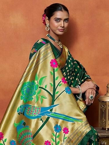 AXONIT Green Soft Silk Saree with Golden Zari Polka & Peacock Pallu