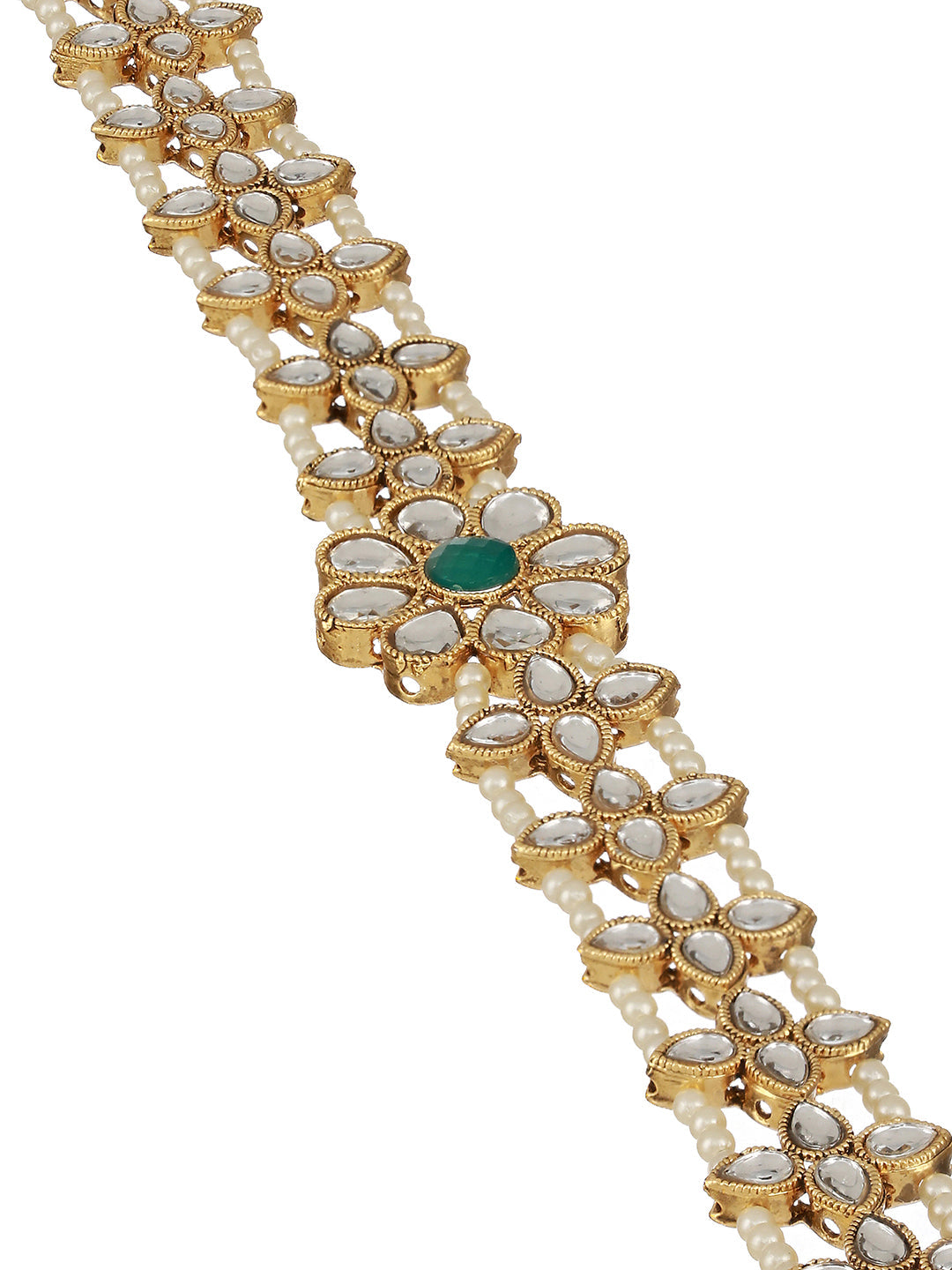 Gold Plated Green & White Kundan-Studded & Pearl Beaded Mathapatti