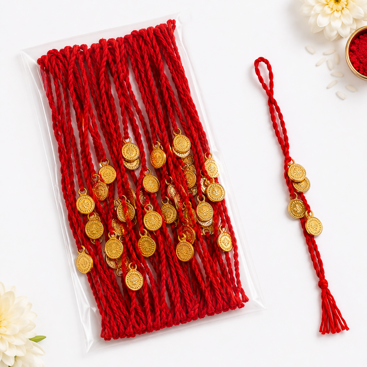Traditional Red Thread Golden Coin Rakhi – Set of 12 Pieces in One Pack