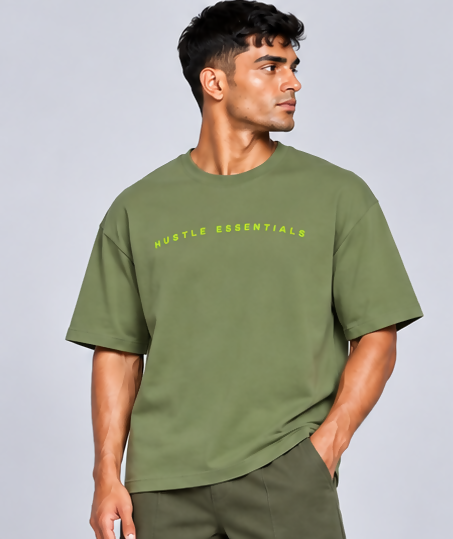 HUSTLE Essentials Men's Crew Neck Oversized T-Shirt – Olive Green(Oversized fit)