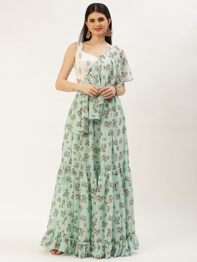 Bollywood Vogue Ready To Wear Mint Green Georgette Digital Printed Lehenga Set