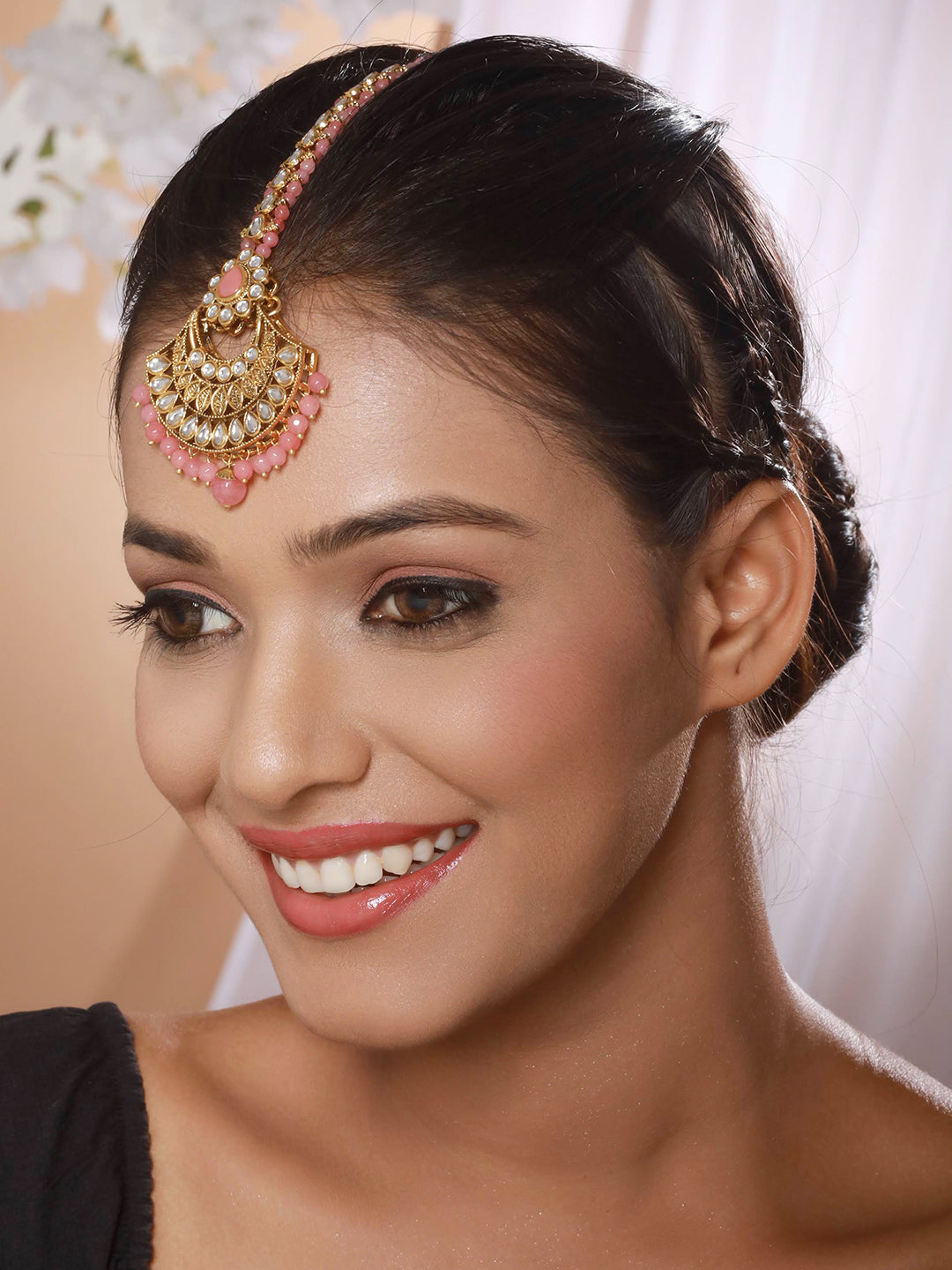 Gold-Plated Pink & White Kundan Studded & Pink Pearl Drop Embellished Maang Tikka