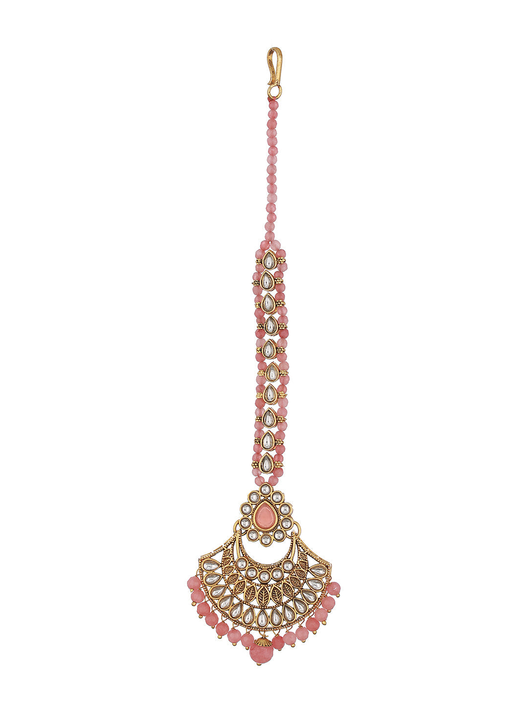 Gold-Plated Pink & White Kundan Studded & Pink Pearl Drop Embellished Maang Tikka
