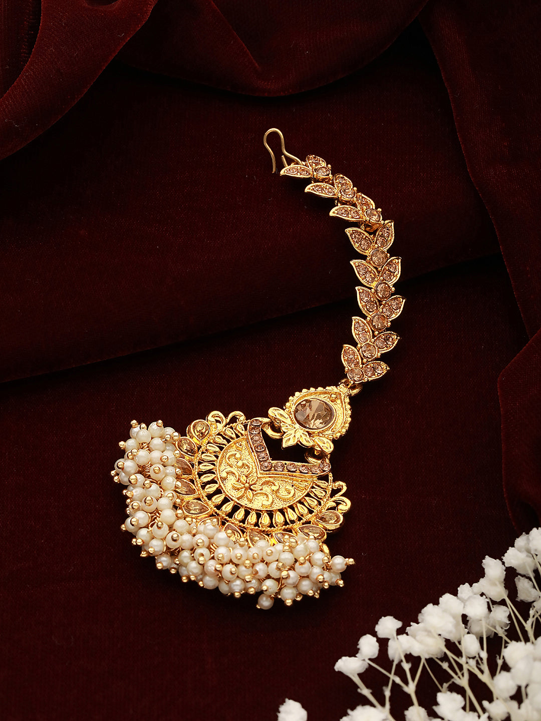 Gold-Plated White Kundan Studded & Pearl Beaded Maang Tikka