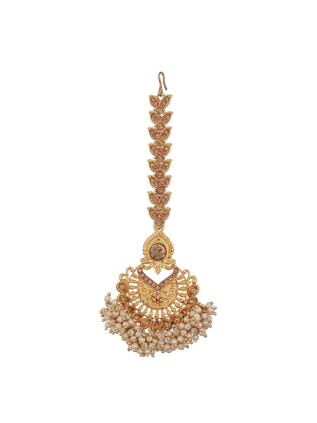 Gold-Plated White Kundan Studded & Pearl Beaded Maang Tikka