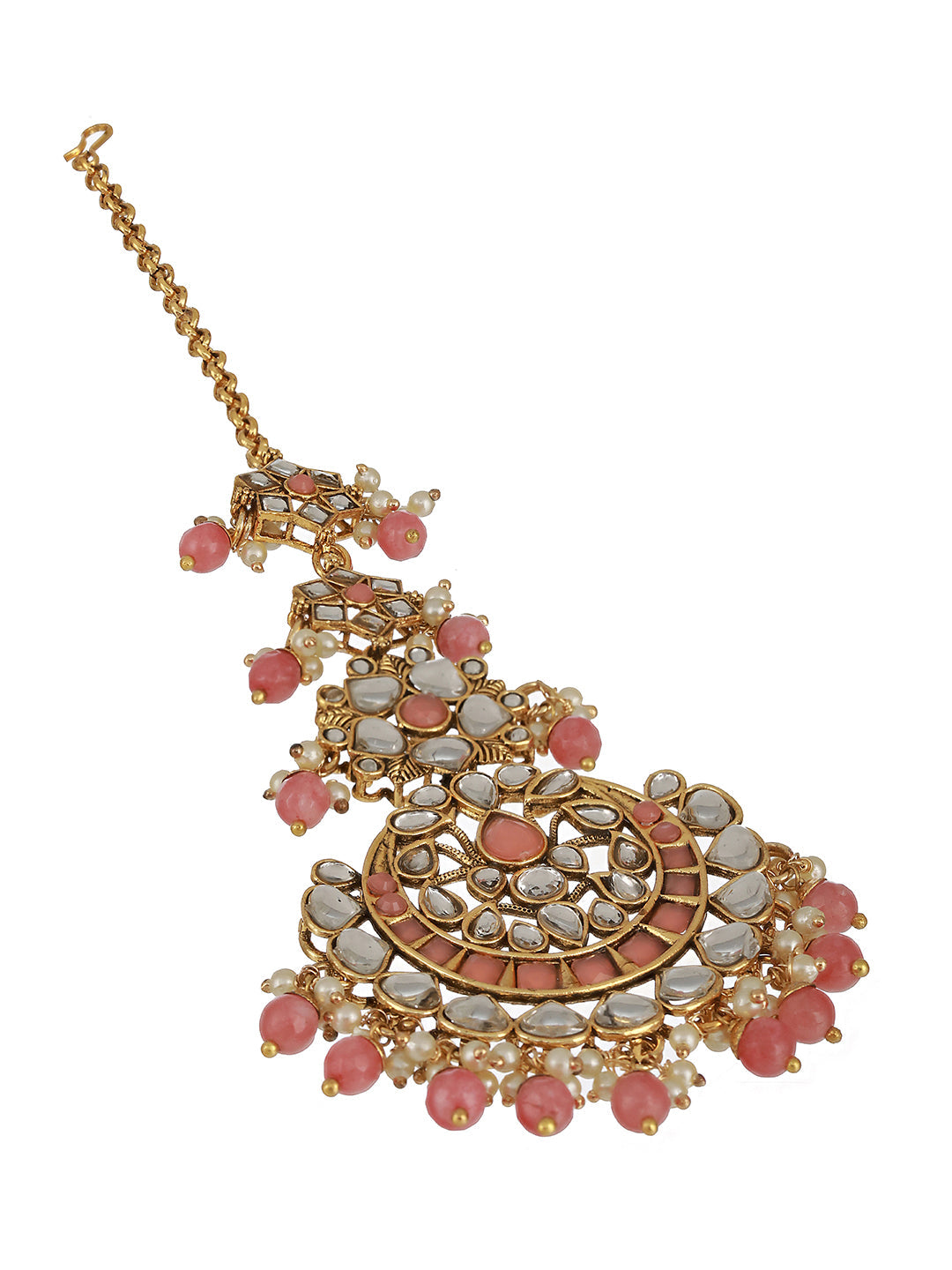 Gold-Plated Pink & White Kundan-Studded Pearl Beaded Maang Tikka