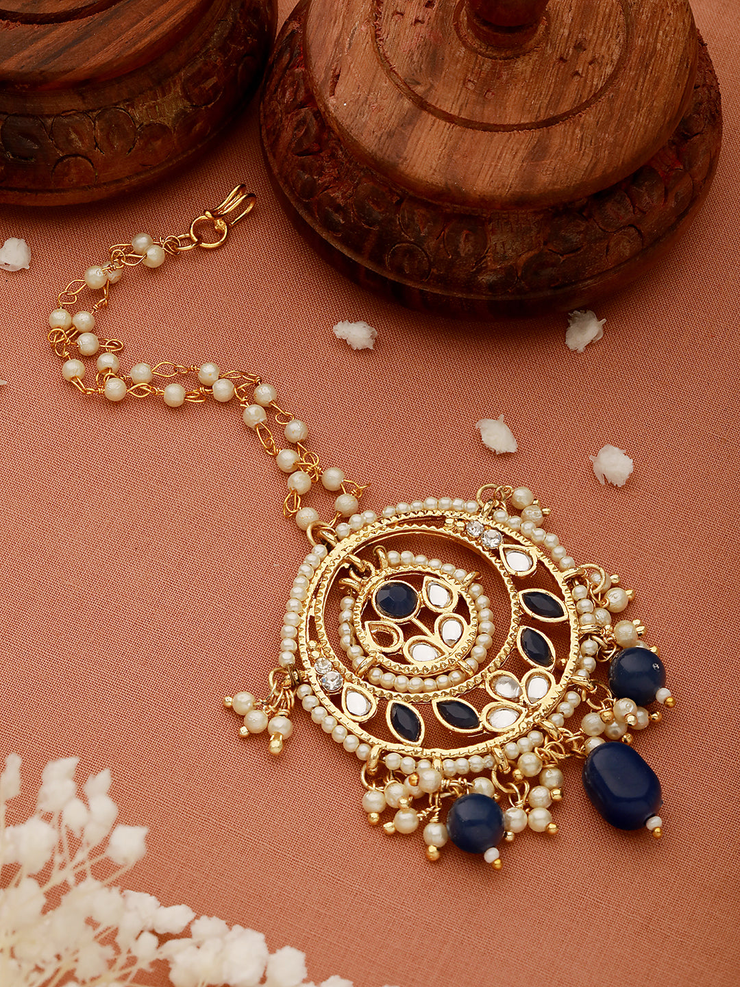 Gold-Plated Blue & White Kundan-Studded Pearls Beaded Maangtika