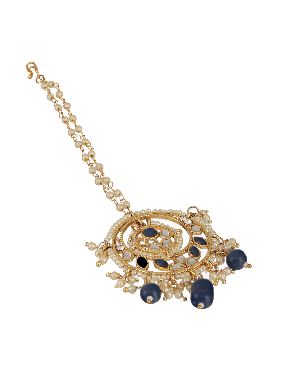 Gold-Plated Blue & White Kundan-Studded Pearls Beaded Maangtika