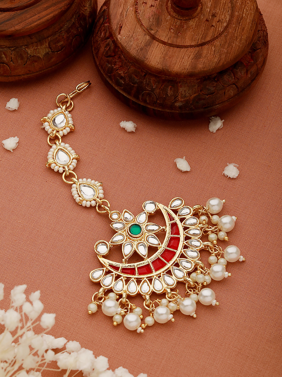 Gold-Plated Green & White Kundan Studded Pearls Handcrafted Maang Tikka